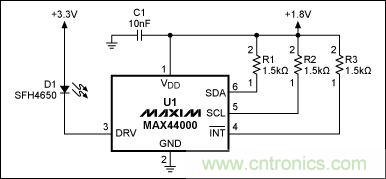 圖1：MAX44000典型電路，包括LED