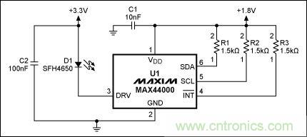 圖2：MAX44000典型電路，帶有發射器旁路