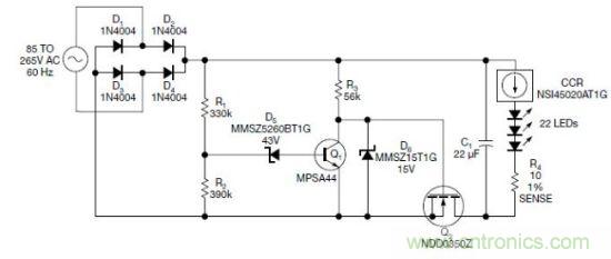 圖1：電路以恒流驅(qū)動一串LED，可用于全世界的各種交流電壓