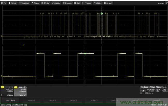 使用CustomDSO運行VB腳本&ldquo;zoom_Track.lss&rdquo;。當腳本運行時，縮放波形的中心將跟蹤水平的光標絕對位置。從圖中可以看出，光標將永遠位于縮放波形Z1的中心